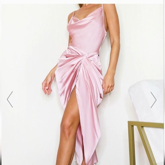 PrettyLittle‎ Thing Rose Pink Satin Cowl Strap Midi Dress Size 12 - Picture 14 of 14